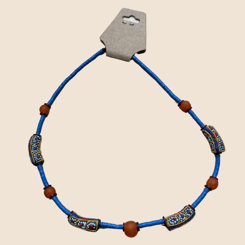 Ketting blauwe baquelit met oranje-blauwe kralen