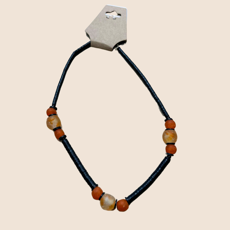 Necklace black baquelit with orange glass beads