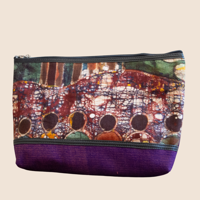 Toiletry bag L with figures and purple woven fabric