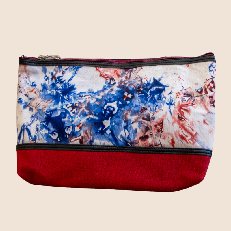 Toiletry bag L with Batik and Red woven fabric