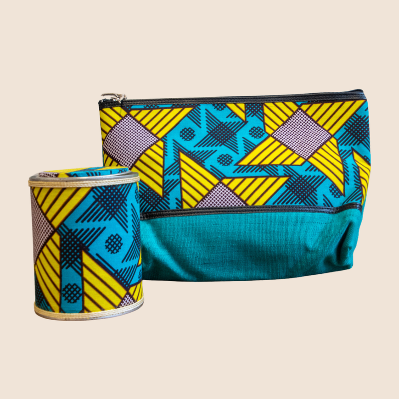 Kulturbeutel L - African Fabric Blue mit gratis Box für Watte