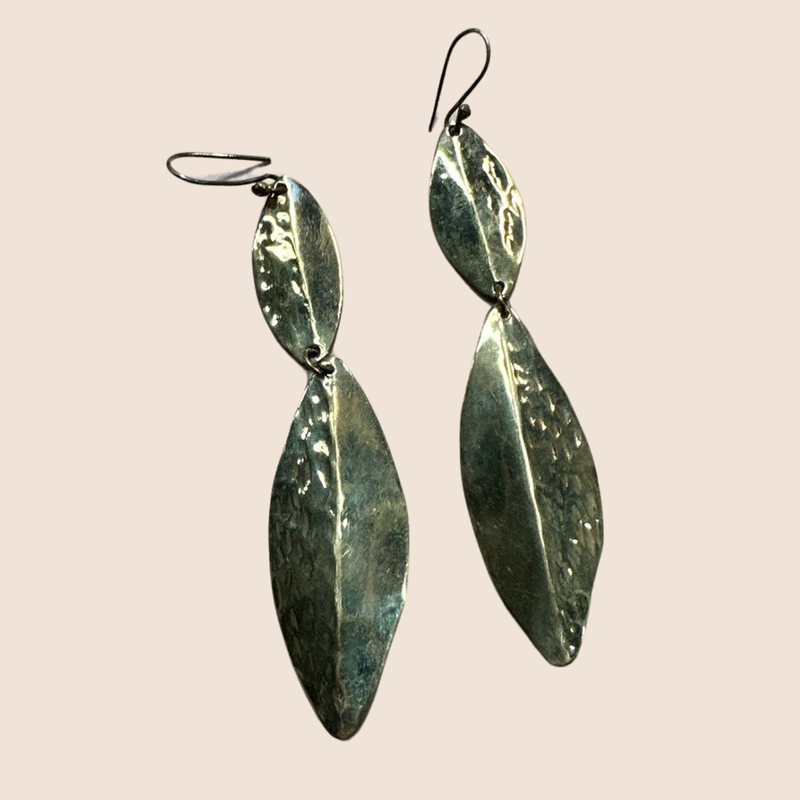 Long leaf earrings in hammered bronze