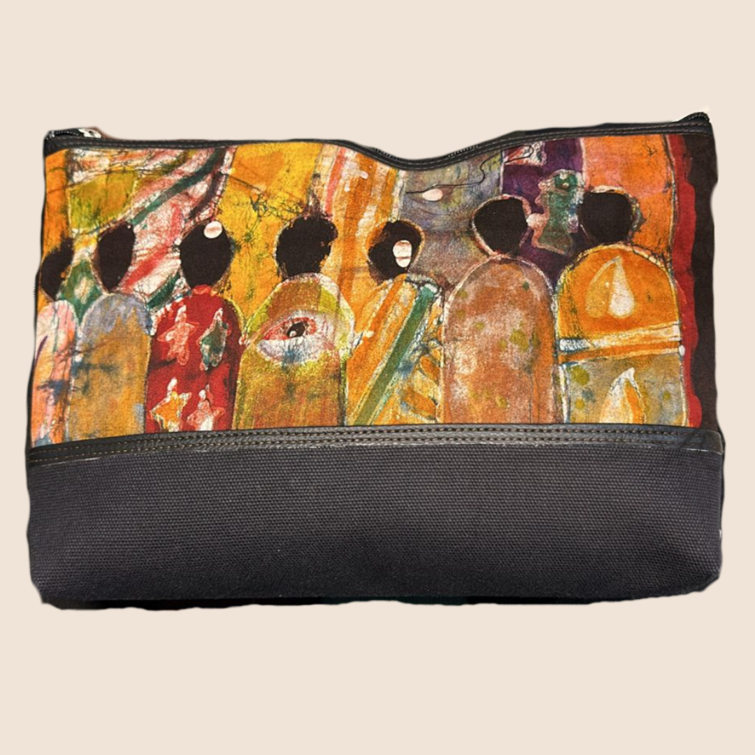 Toiletry bag L with figures and black woven fabric